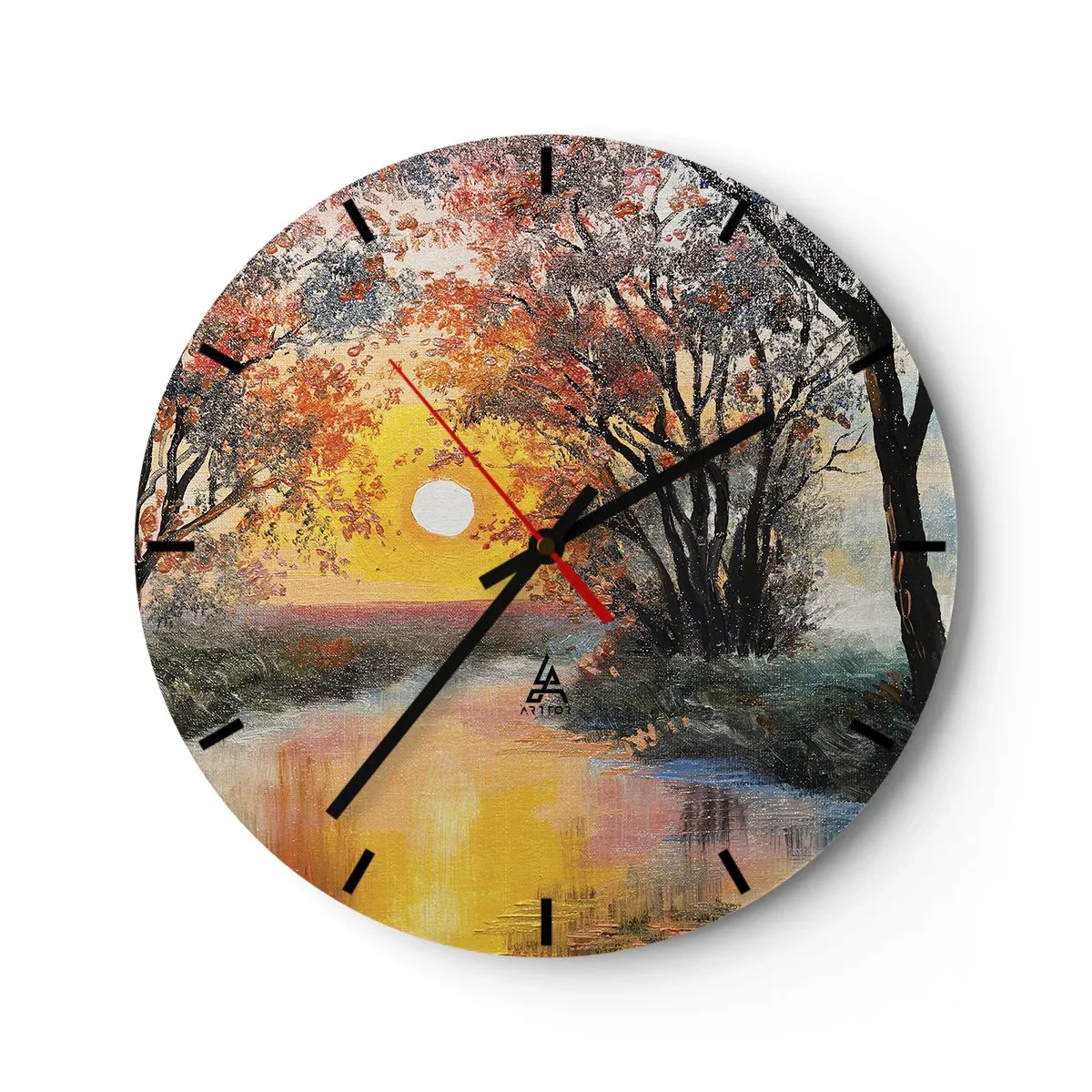 Zegar ścienny - Zachód słońca nad rzeką wśród kolorowych drzew - 30x30cm - Jesienne klimaty - Nowoczesna dekoracja ścienna do salonu, kuchni i sypialni ARTTOR