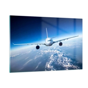 Obraz na szkle - Samolot pasażerski na tle błękitnego nieba i chmur - 120x80cm - Lecę bo chę - Nowoczesna dekoracja ścienna do salonu, kuchni i sypialni ARTTOR