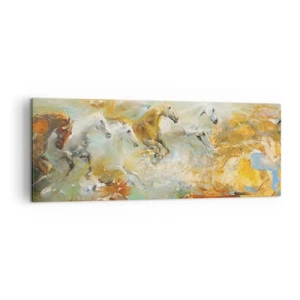 Obraz na płótnie - Artystyczne konie w dynamicznej scenerii pełnej kolorów - 140x50cm - Galopem przez światło - Nowoczesna dekoracja ścienna do salonu i sypialni ARTTOR