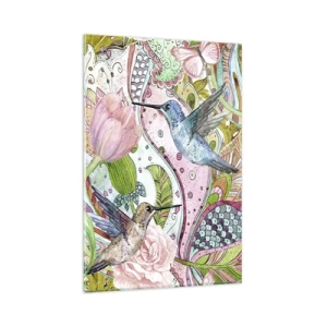 Obraz na szkle - Kolorowe kolibry i motyle wśród roślin - 80x120cm - Wplątane w pnączach - Nowoczesna dekoracja ścienna do salonu i sypialni ARTTOR