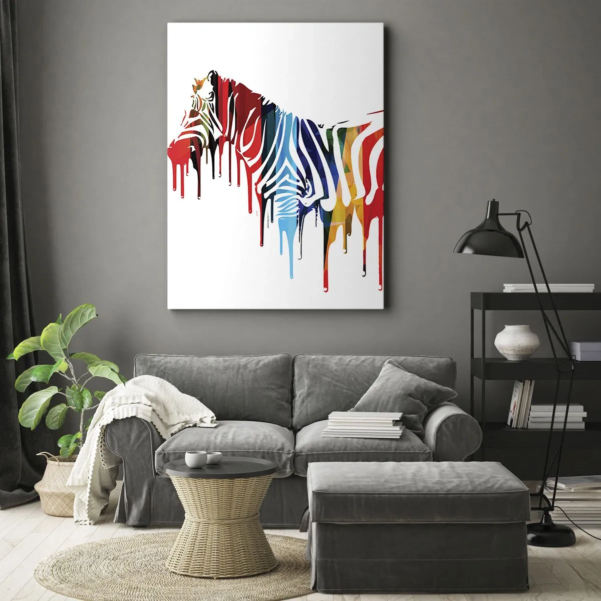 Obraz na płótnie - Kolorowa sylwetka zebry z efektem spływających farb na białym tle - 50x70cm - Nie tylko czarno-biały - Nowoczesna dekoracja ścienna do salonu, kuchni i sypialni ARTTOR