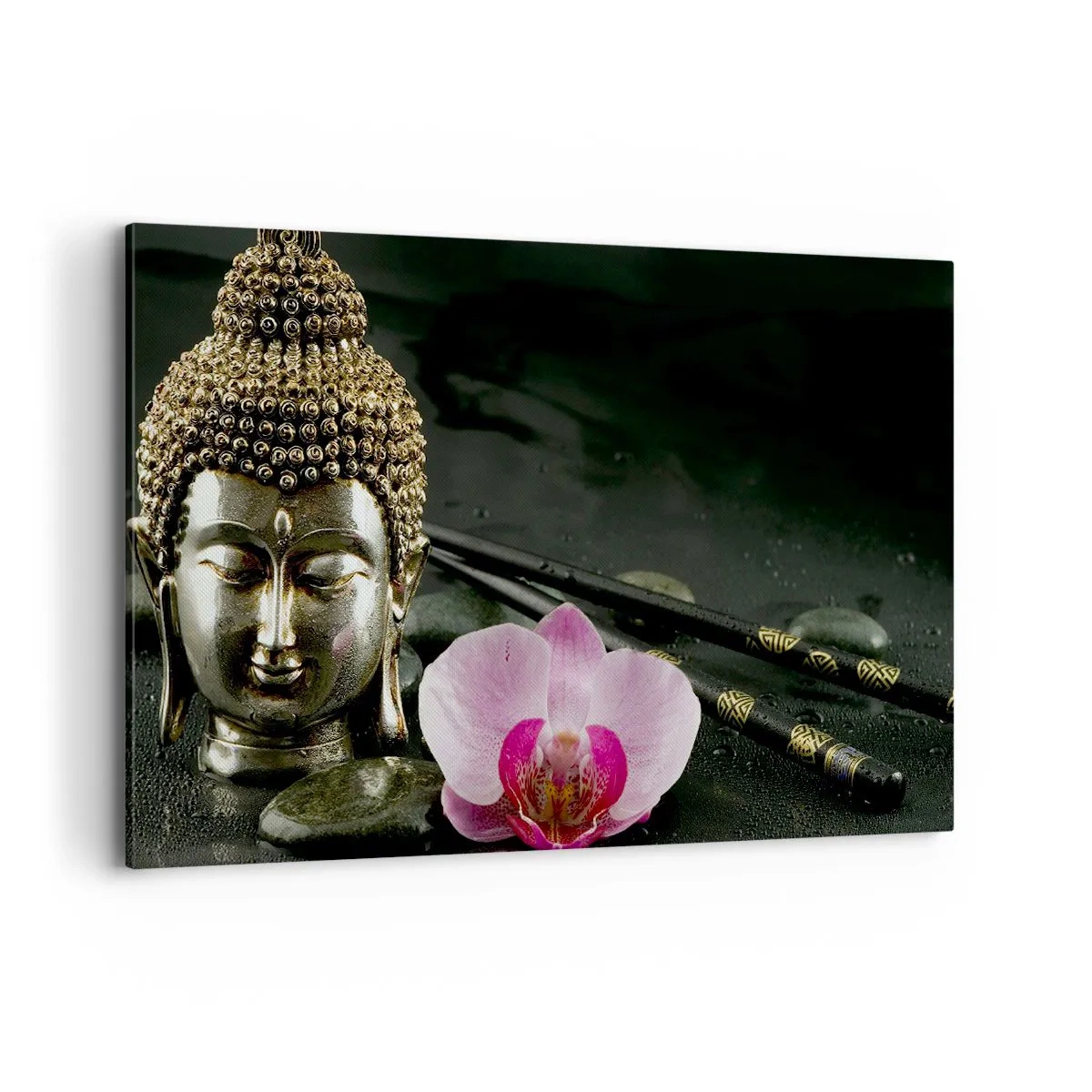 Obraz na płótnie - Posążek Buddy z orchideą i pałeczkami na tle kamieni - 120x80cm - Harmonia mądrości i piękna - Nowoczesna dekoracja ścienna do salonu, kuchni i sypialni ARTTOR