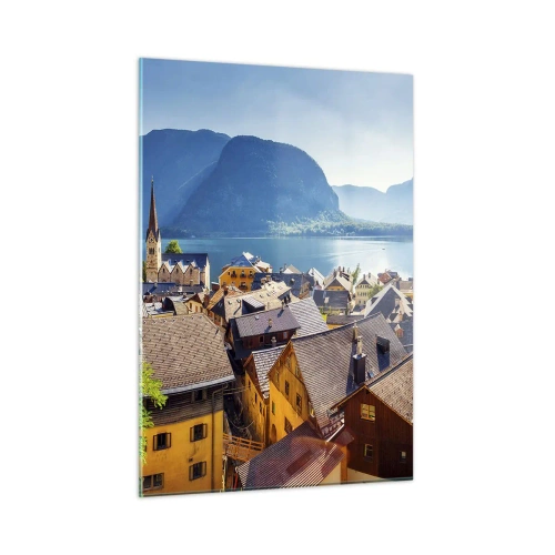 Obraz na szkle - Malownicze miasteczko nad jeziorem w otoczeniu gór - 50x70cm - Bardziej malowniczo się nie da - Nowoczesna dekoracja ścienna do salonu, kuchni i sypialni ARTTOR