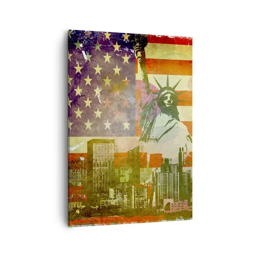 Obraz na płótnie - Statua Wolności na tle amerykańskiej flagi - 50x70cm - Viva America! - Nowoczesna dekoracja ścienna do salonu, kuchni i sypialni ARTTOR