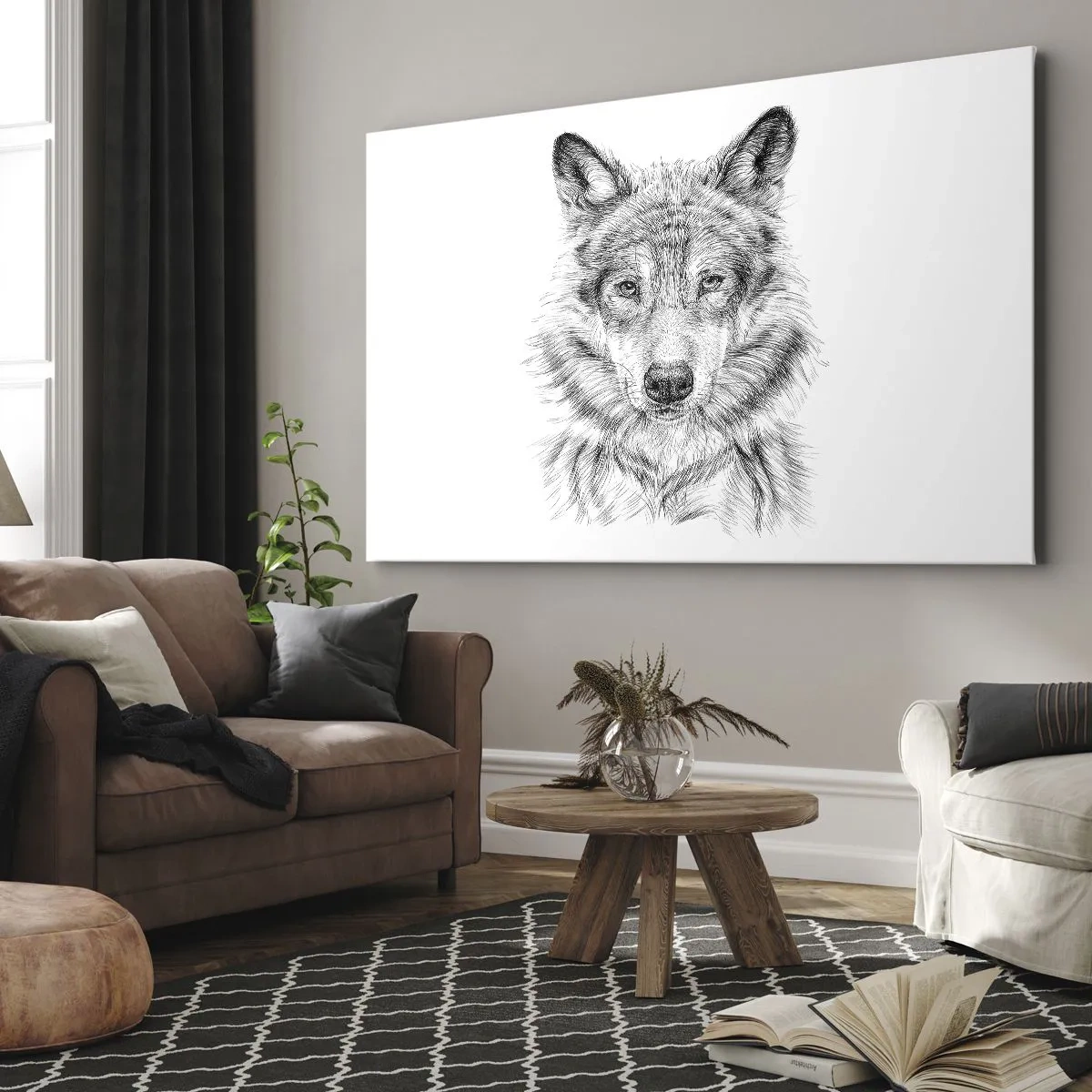 Obraz na płótnie - Szkic głowy wilka w monochromatycznym stylu na białym tle - 70x50cm - Urodzony przywódca - Nowoczesna dekoracja ścienna do salonu i sypialni ARTTOR