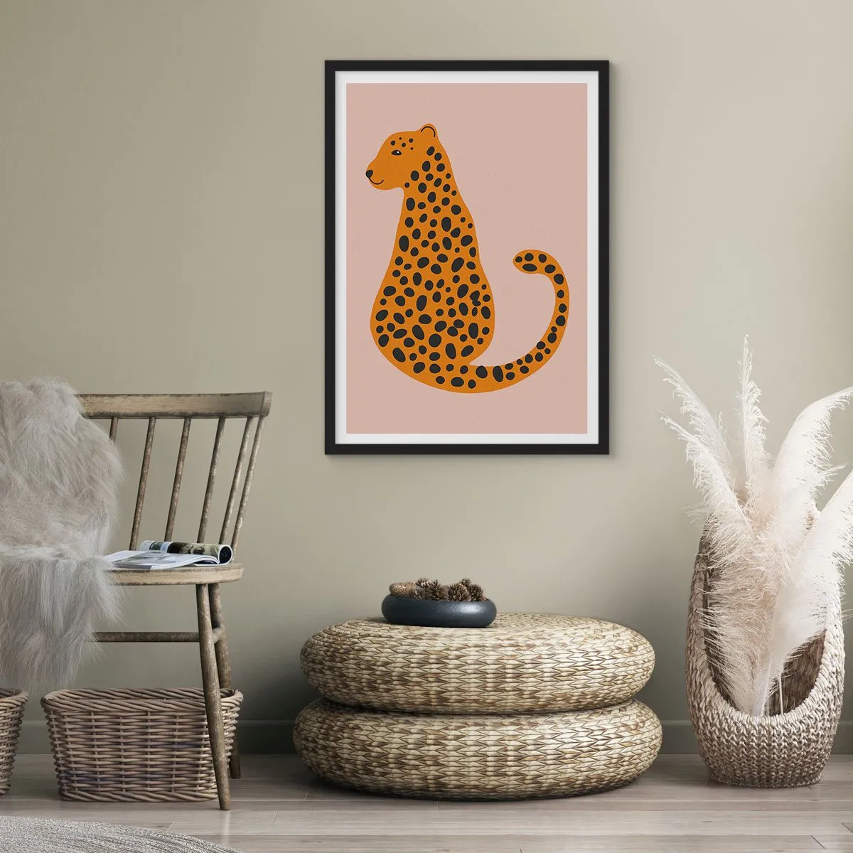 Plakat w czarnej ramie - Minimalistyczny gepard na beżowym tle - 50x70cm - Panterka to modny wzór - Nowoczesna dekoracja ścienna do salonu i sypialni ARTTOR