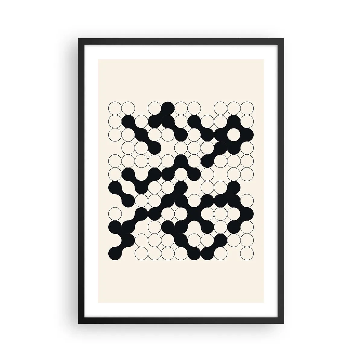 Plakat w czarnej ramie - Geometryczna kompozycja czarnych i białych okręgów - 50x70cm - Chińska gra – wariacja - Nowoczesna dekoracja ścienna do salonu i sypialni ARTTOR