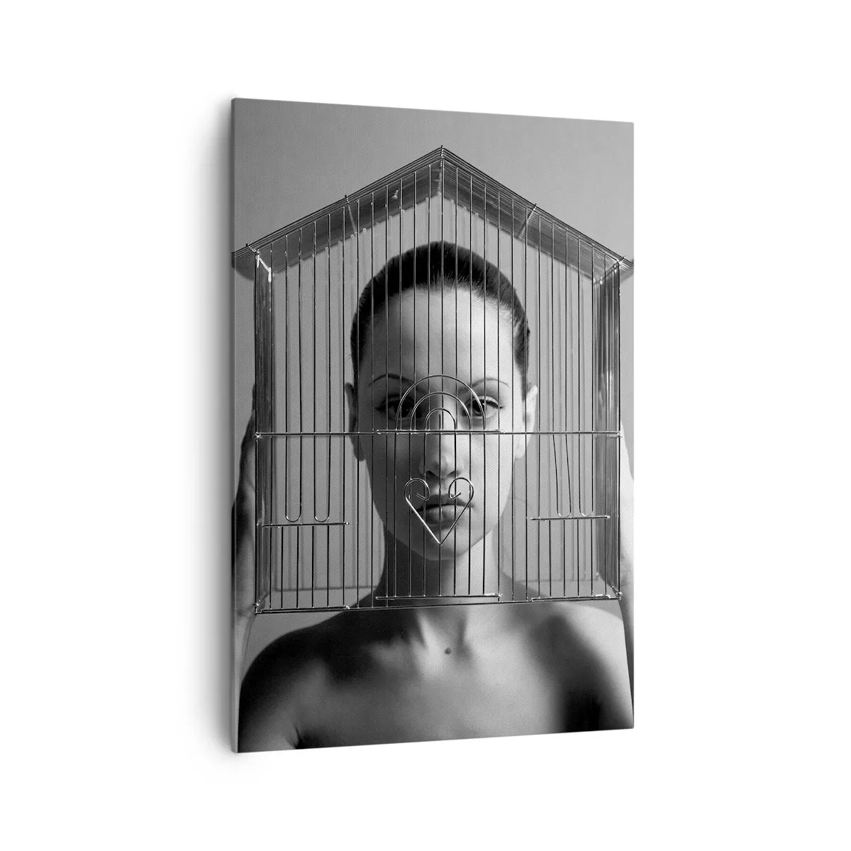 Obraz na płótnie - Kobieta za klatką w surrealistycznym stylu - 70x100cm - Portret nieco surrealistyczny - Nowoczesna dekoracja ścienna do salonu i sypialni ARTTOR