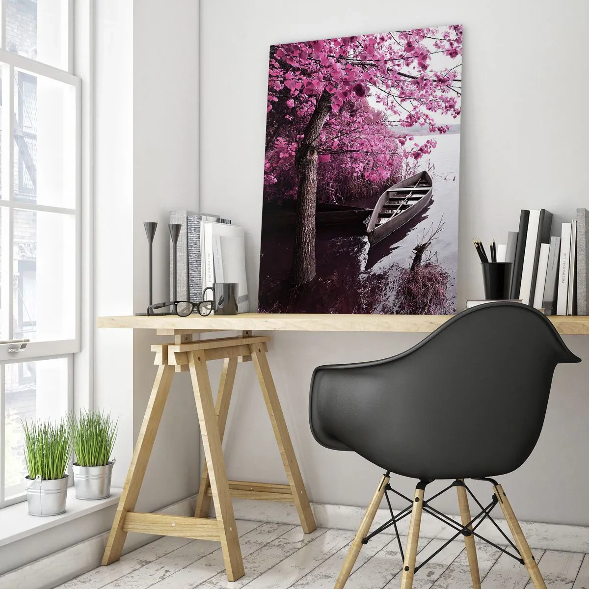 Obraz na szkle - Łódka przy brzegu jeziora wśród różowych drzew - 80x120cm - W różowej ciszy - Nowoczesna dekoracja ścienna do salonu i sypialni ARTTOR