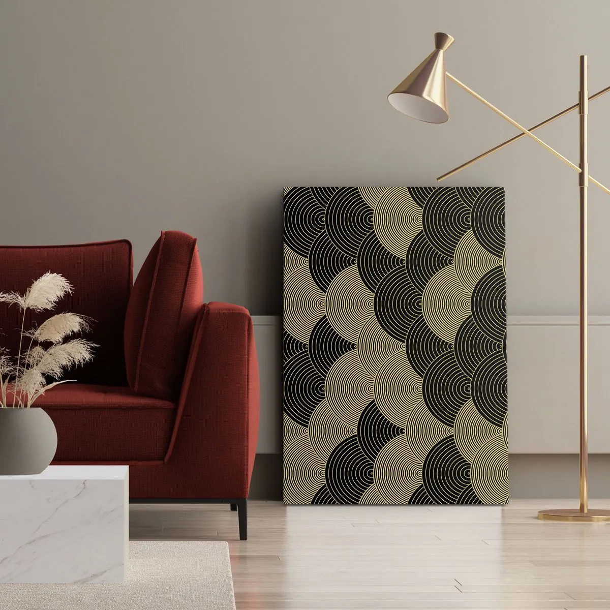 Obraz na płótnie - Wzór w stylu art deco z półokręgami i złotymi liniami - 70x100cm - Jedność w wielości - Nowoczesna dekoracja ścienna do salonu i sypialni ARTTOR