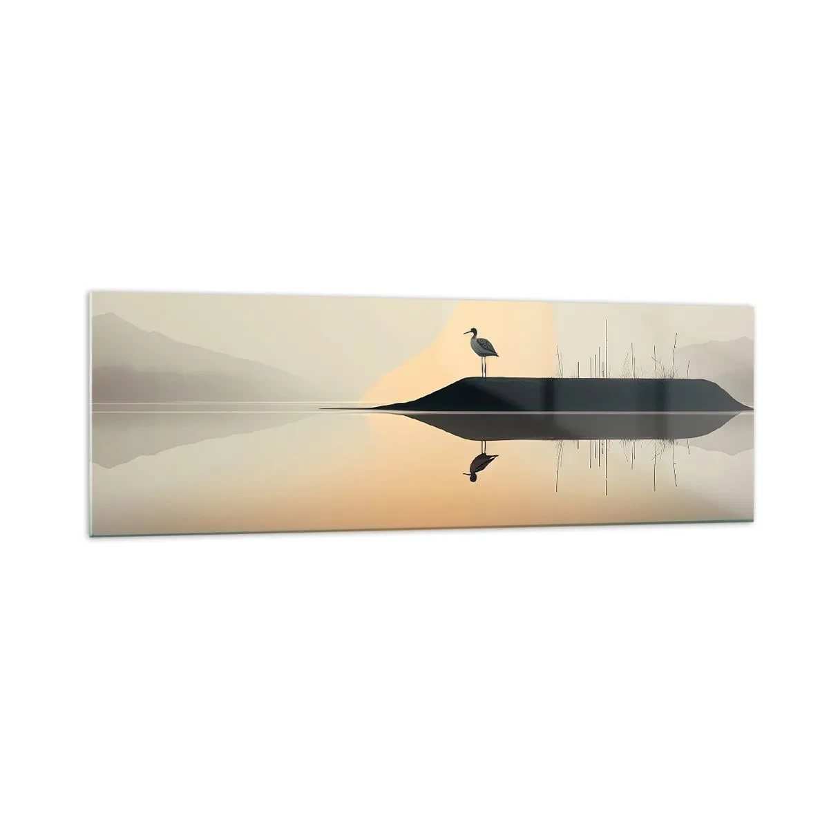 Obraz na szkle - Ptak na wyspie w spokojnym jeziorze o ciepłych odcieniach - 160x50cm - Pan na jeziorze - Nowoczesna dekoracja ścienna do salonu i sypialni ARTTOR