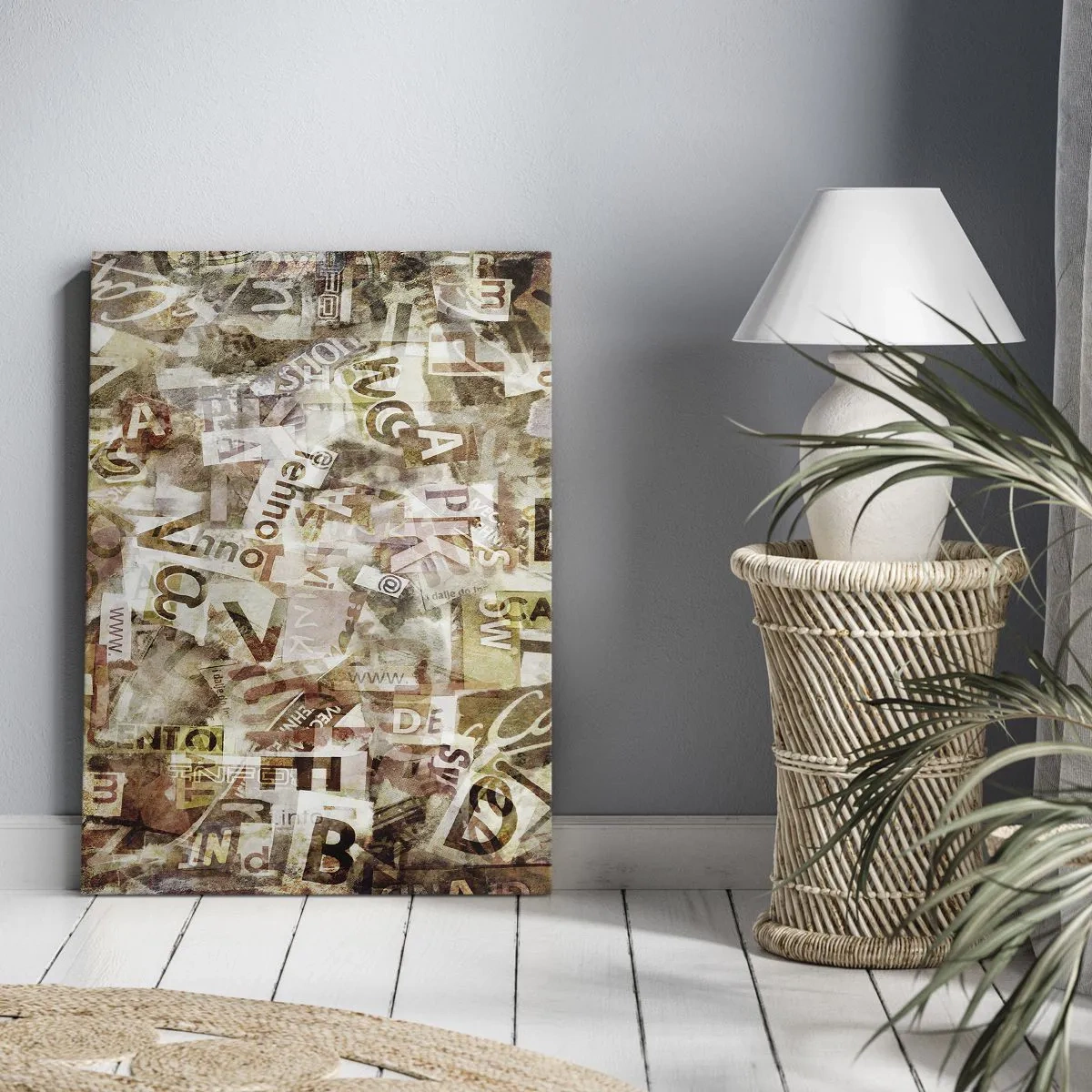 Obraz na płótnie - Abstrakcyjna kompozycja z literami i wycinkami tekstu - 80x120cm - Zjednoliterzam paplomanię - Nowoczesna dekoracja ścienna do salonu i sypialni ARTTOR