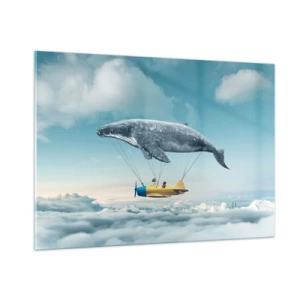 Obraz na szkle - Wieloryb unoszący samolot nad chmurami w surrealistycznej scenerii - 100x70cm - Dlaczego nie? - Nowoczesna dekoracja ścienna do salonu, kuchni i sypialni ARTTOR