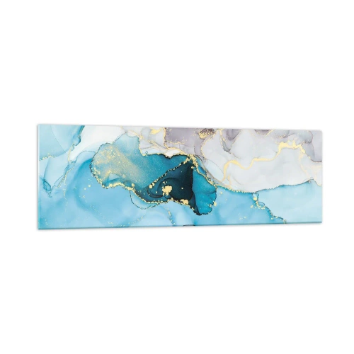 Obraz na szkle - Abstrakcja w odcieniach błękitu i złota z subtelnymi liniami - 160x50cm - Studium spotkania szarości z turkusem - Nowoczesna dekoracja ścienna do salonu i sypialni ARTTOR