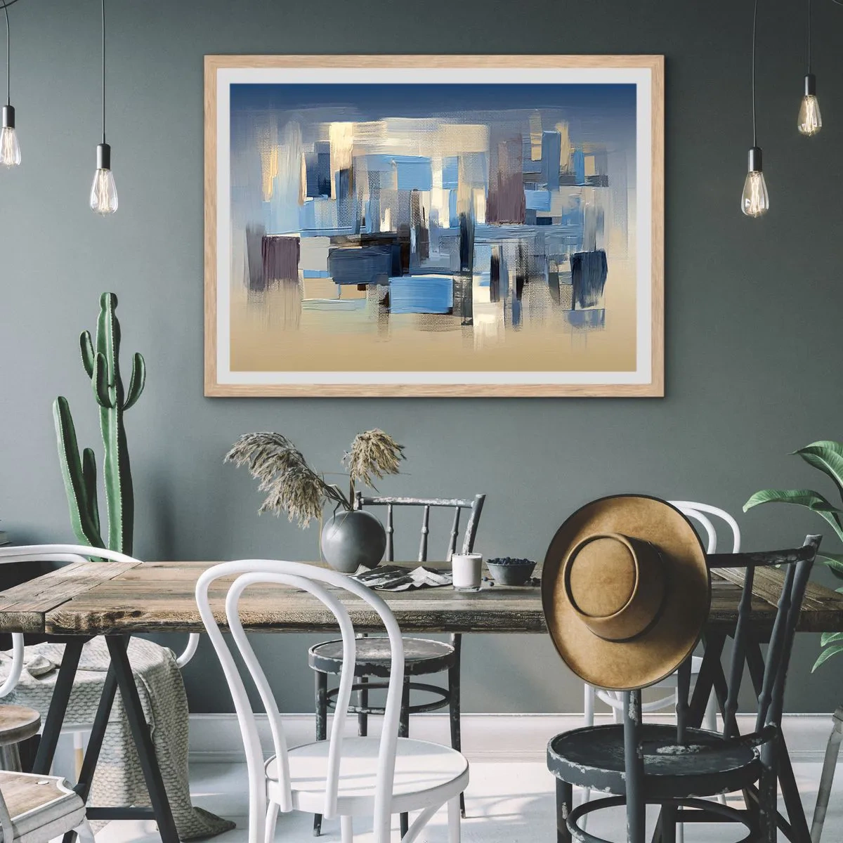 Plakat w ramie jasny dąb - Błękitna konstrukcja - 70x50 cm