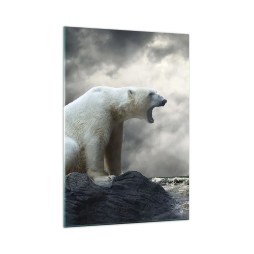 Obraz na szkle - Niedźwiedź polarny na tle burzowego nieba - 50x70cm - Samotny król Arktyki - Nowoczesna dekoracja ścienna do salonu, kuchni i sypialni ARTTOR