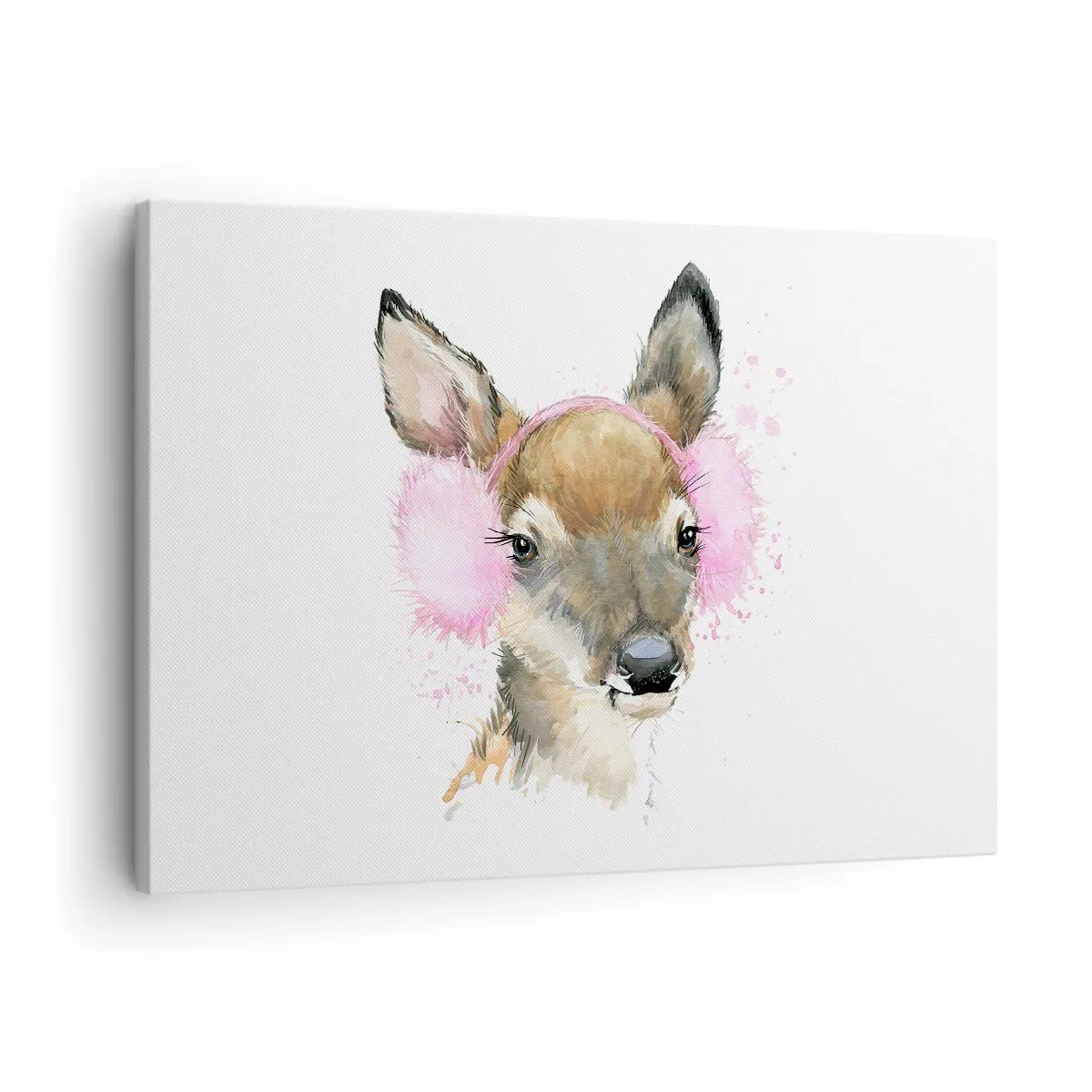 Obraz na płótnie - Akwarelowy jeleń w różowych nausznikach - 70x50cm - I mróz już niestraszny - Nowoczesna dekoracja ścienna do salonu i sypialni ARTTOR