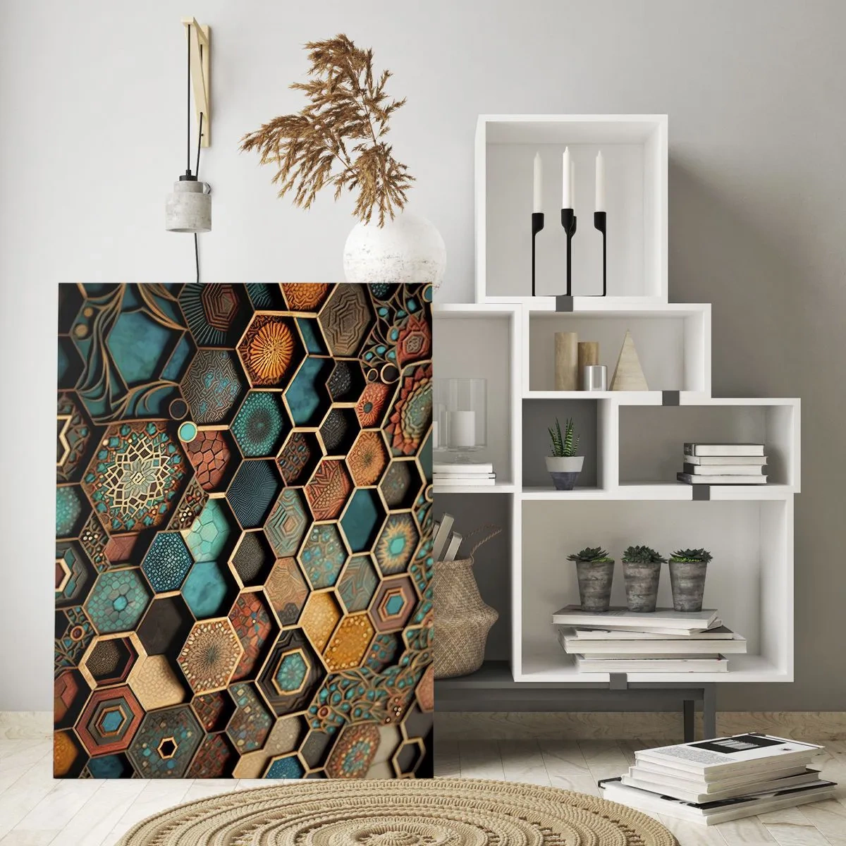 Obraz na szkle - Kolorowe ornamenty w sześciokątnych wzorach - 80x120cm - Arabskie ornamenty – wariacja - Nowoczesna dekoracja ścienna do salonu i sypialni ARTTOR