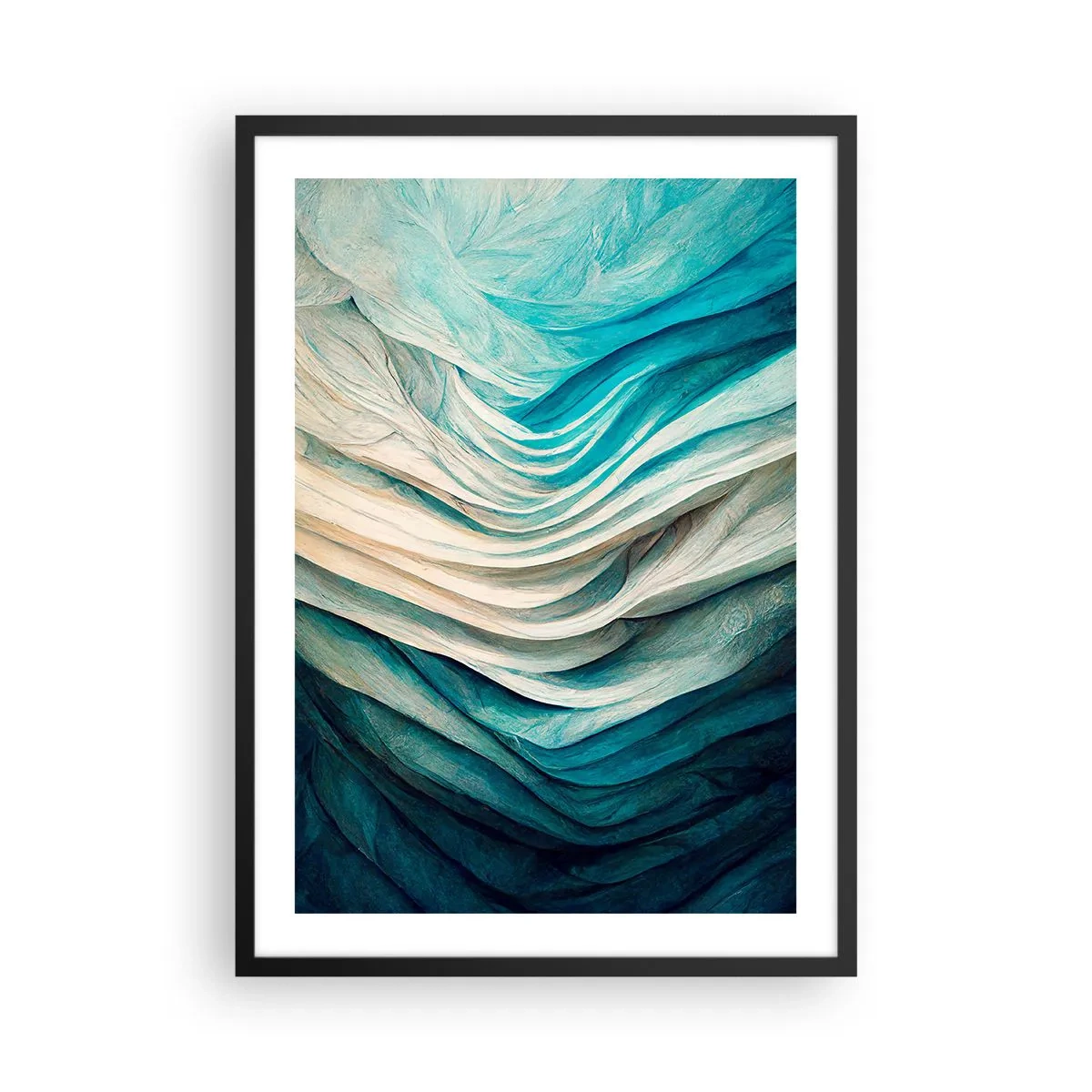 Plakat w czarnej ramie - Abstrakcyjna kompozycja fal w odcieniach błękitu i beżu - 50x70cm - Błękitne nienasycenie - Nowoczesna dekoracja ścienna do salonu i sypialni ARTTOR