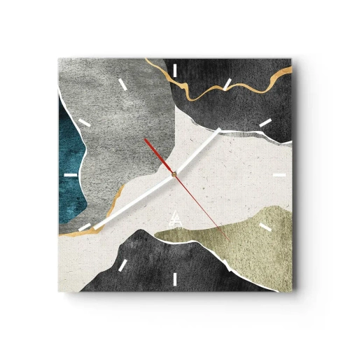 Zegar ścienny - Geometryczne formy w odcieniach szarości, zieleni i złota - 30x30cm - Mozaikowa kompozycja z nitką złota - Nowoczesna dekoracja ścienna do salonu i sypialni ARTTOR