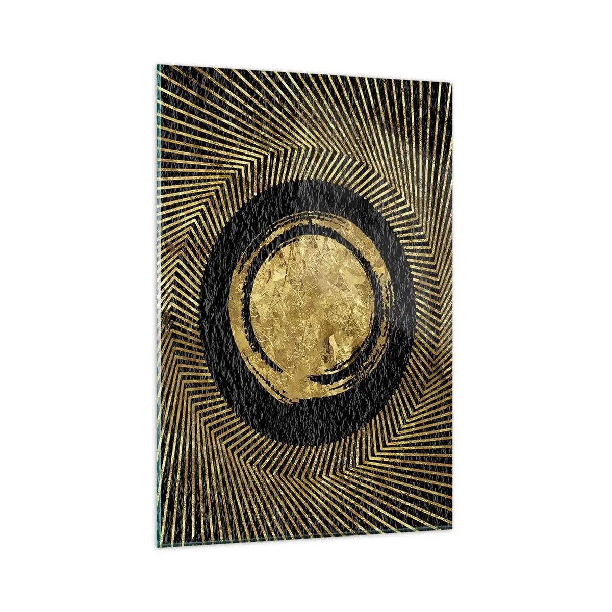 Obraz na szkle - Geometryczna kompozycja w czerni i złocie z promieniami - 80x120cm - Kompozycja glamour - Nowoczesna dekoracja ścienna do salonu i sypialni ARTTOR