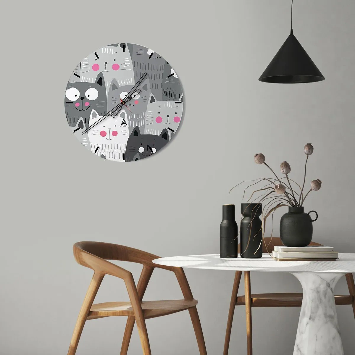 Zegar ścienny - Szare i białe koty w ilustracyjnym stylu - 30x30cm - Koci świat - Nowoczesna dekoracja ścienna do salonu, kuchni i sypialni ARTTOR