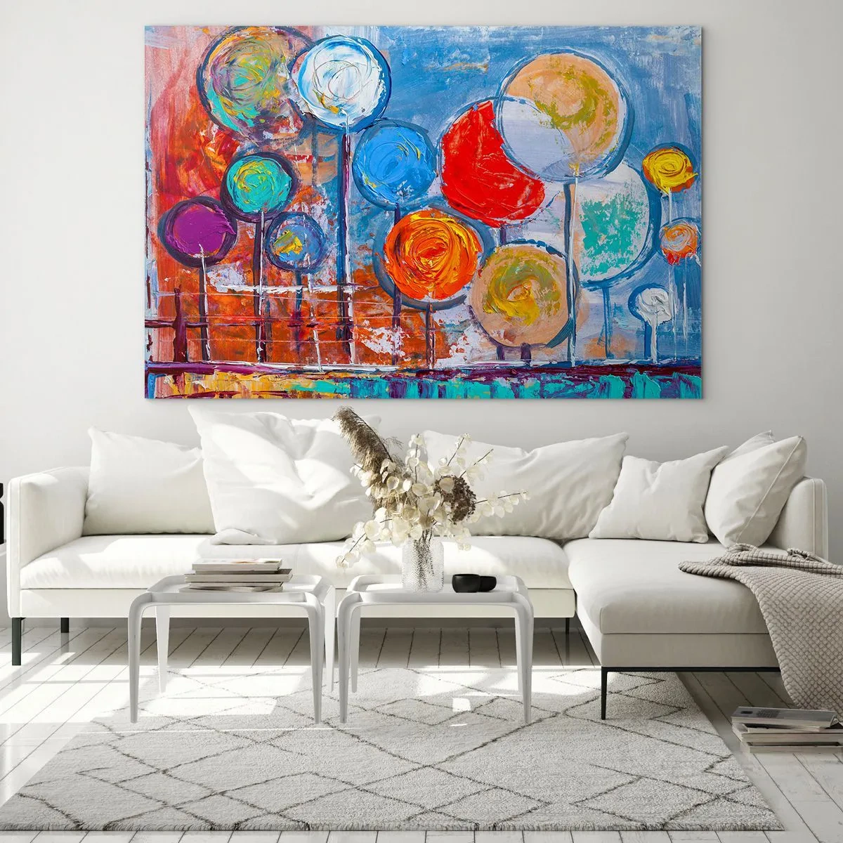 Obraz na szkle - Kolorowe, abstrakcyjne drzewa malowane na tle nieba - 100x70cm - Cuda na kiju - Nowoczesna dekoracja ścienna do salonu, kuchni i sypialni ARTTOR