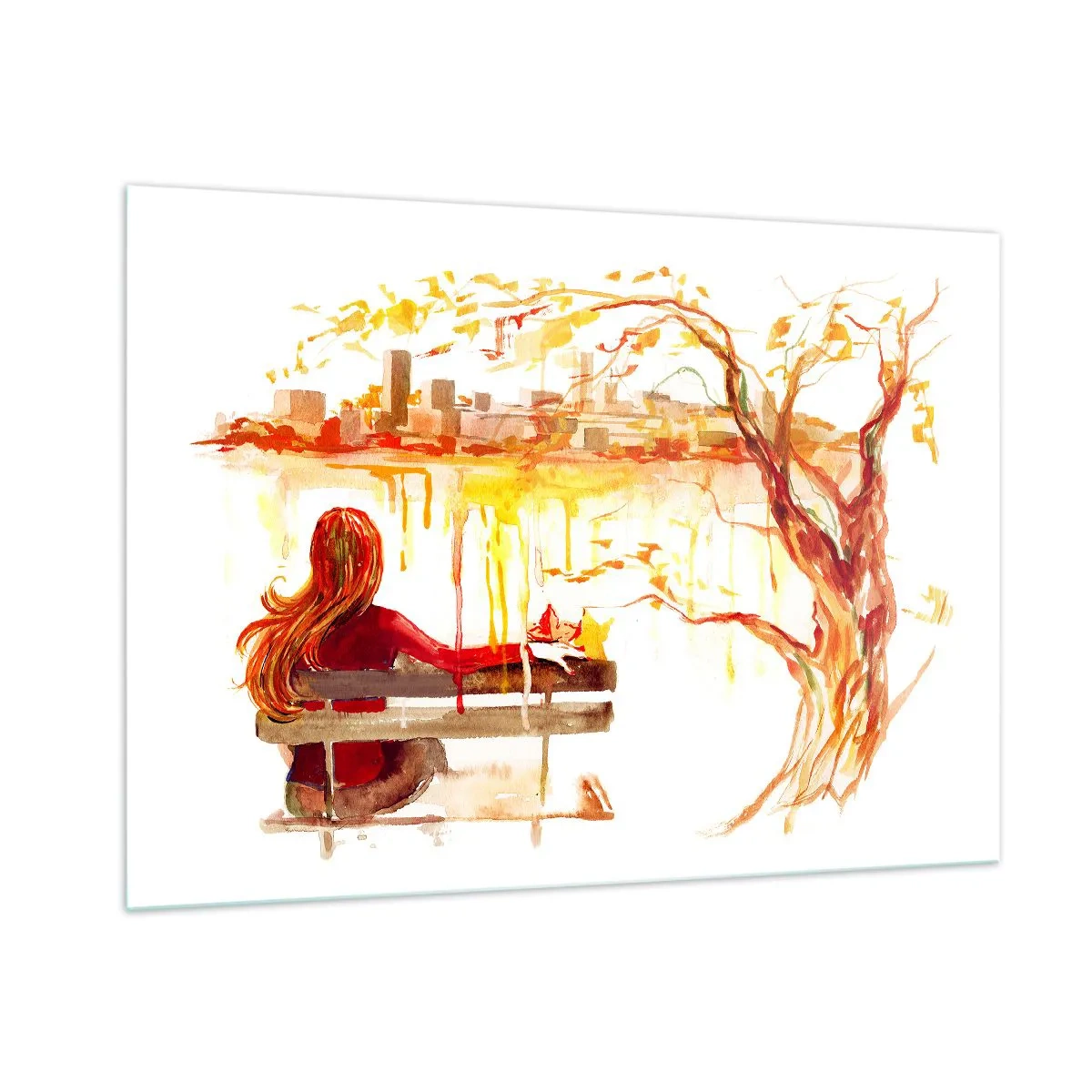 Obraz na szkle - Postać na ławce z widokiem na miasto w akwareli - 100x70cm - Chwila zadumy - Nowoczesna dekoracja ścienna do salonu, kuchni i sypialni ARTTOR