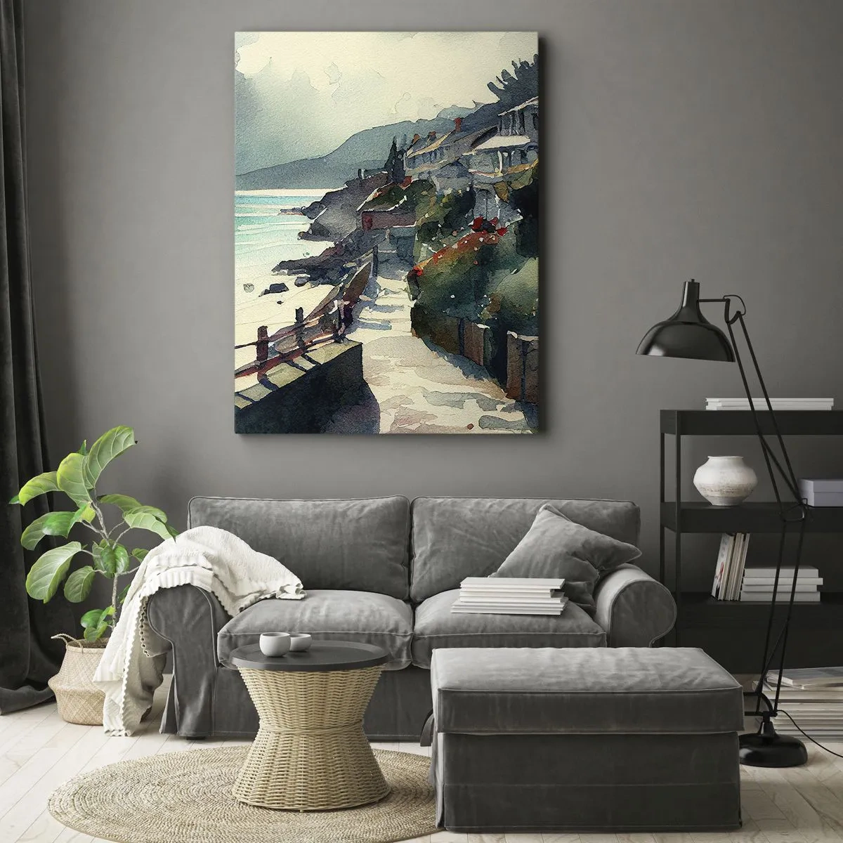 Obraz na płótnie - Akwarelowy pejzaż nadmorskiego śródziemnomorskiego miasteczka - 50x70cm - Śródziemnomorskie miasteczko - Nowoczesna dekoracja ścienna do salonu, kuchni i sypialni ARTTOR