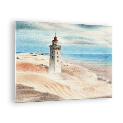 Obraz na szkle - Latarnia morska na pustynnej wydmie przy spokojnym morzu - 70x50cm - Zawsze wpatrzona w morze - Nowoczesna dekoracja ścienna do salonu i sypialni ARTTOR