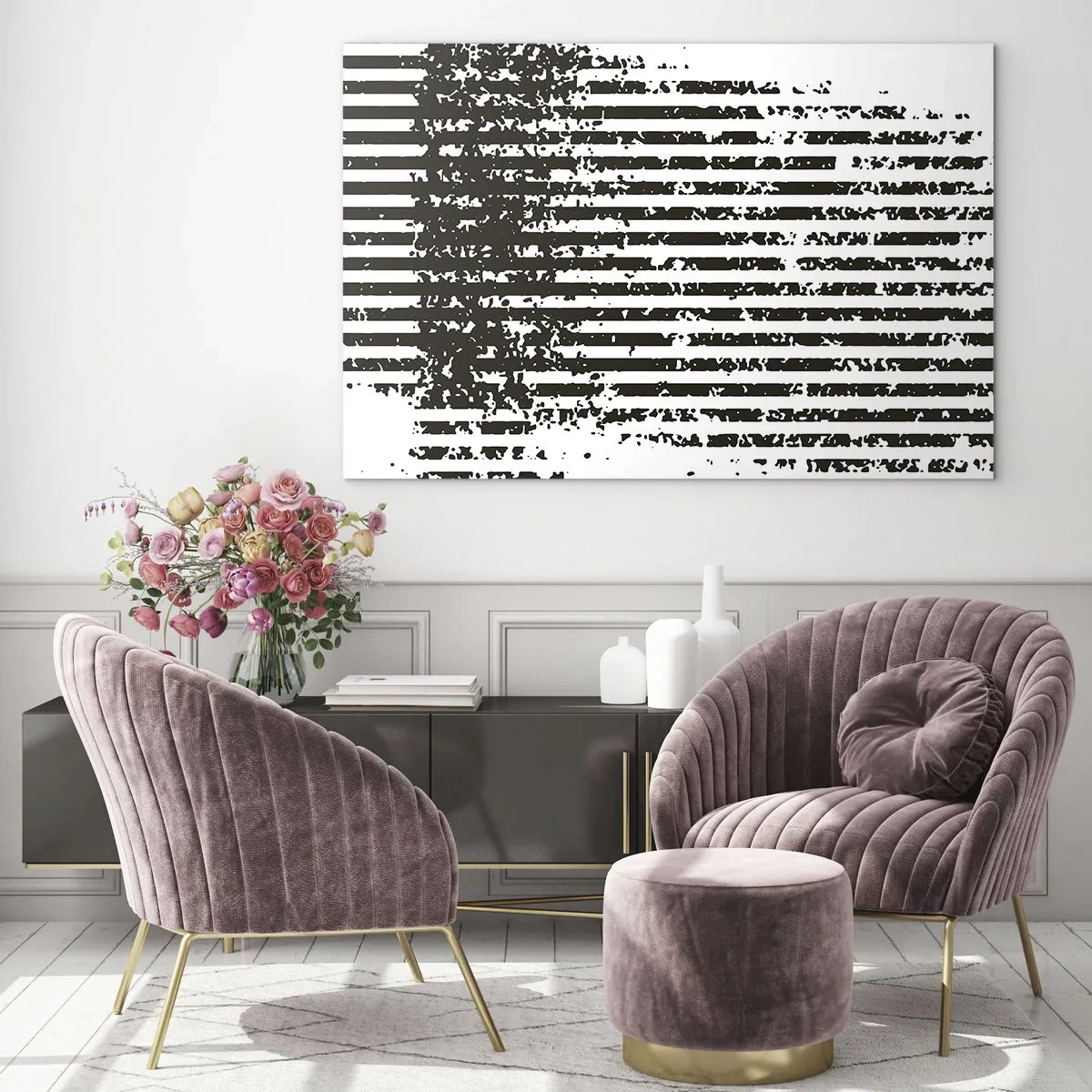 Obraz na szkle - Czarno-białe poziome linie z efektem szumu i przetarcia - 70x50cm - Rytm i szum - Nowoczesna dekoracja ścienna do salonu i sypialni ARTTOR