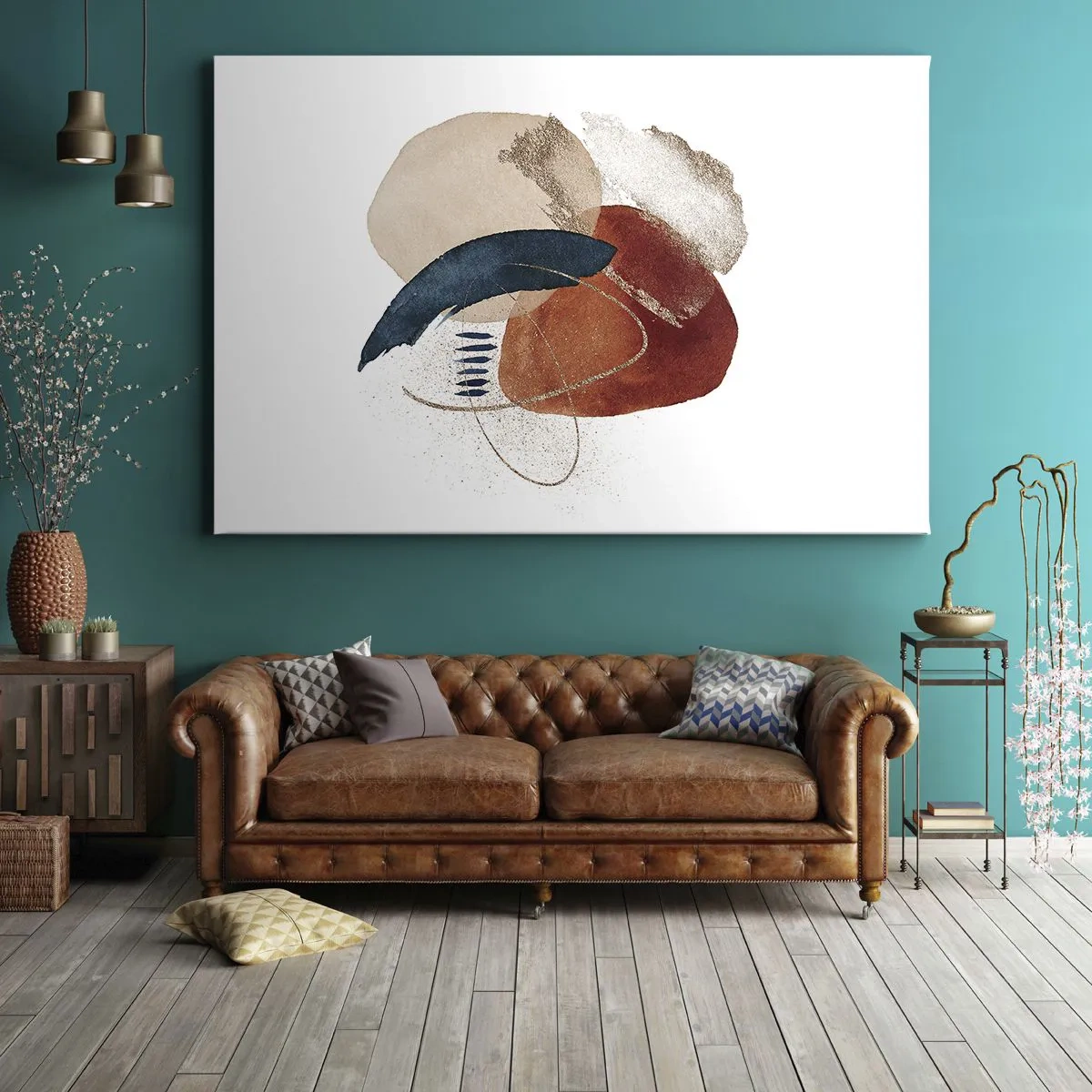 Obraz na płótnie - Abstrakcyjna kompozycja z plamami w odcieniach ziemi i granatu - 70x50cm - Owalna kompozycja - Nowoczesna dekoracja ścienna do salonu i sypialni ARTTOR