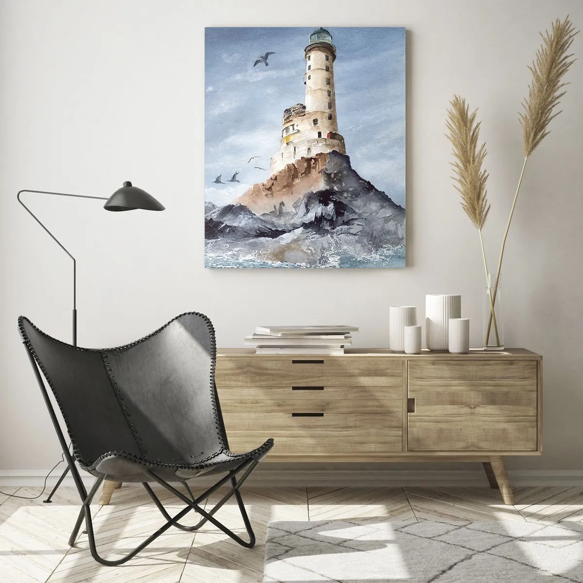 Obraz na szkle - Akwarelowy obraz latarni morskiej stojącej na skalistym klifie wśród fal oceanu - 80x120cm - Niezwyciężona - Nowoczesna dekoracja ścienna do salonu i sypialni ARTTOR