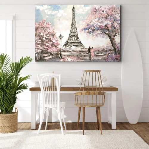 Obraz na płótnie - Kwietniowy spacer po Paryżu - Wieża Eiffla w otoczeniu kwitnących drzew - 70x50cm
