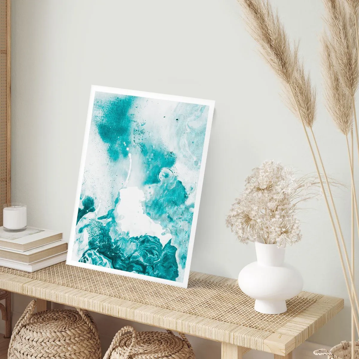 Plakat - Turkusowa abstrakcja z dynamicznymi detalami - 50x70cm - Rozlewiska błękitu - Nowoczesna dekoracja ścienna do salonu, kuchni i sypialni ARTTOR