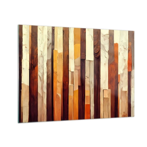 Obraz na szkle - Kompozycja z pionowych pasów w odcieniach drewna i beżu - 70x50cm - Hymn leśnych drzew - Nowoczesna dekoracja ścienna do salonu i sypialni ARTTOR