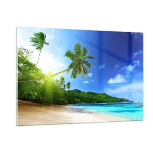 Obraz na szkle - Tropikalna plaża z palmami i krystalicznie czystą wodą - 120x80cm - Łagodny dotyk tropików - Nowoczesna dekoracja ścienna do salonu, kuchni i sypialni ARTTOR