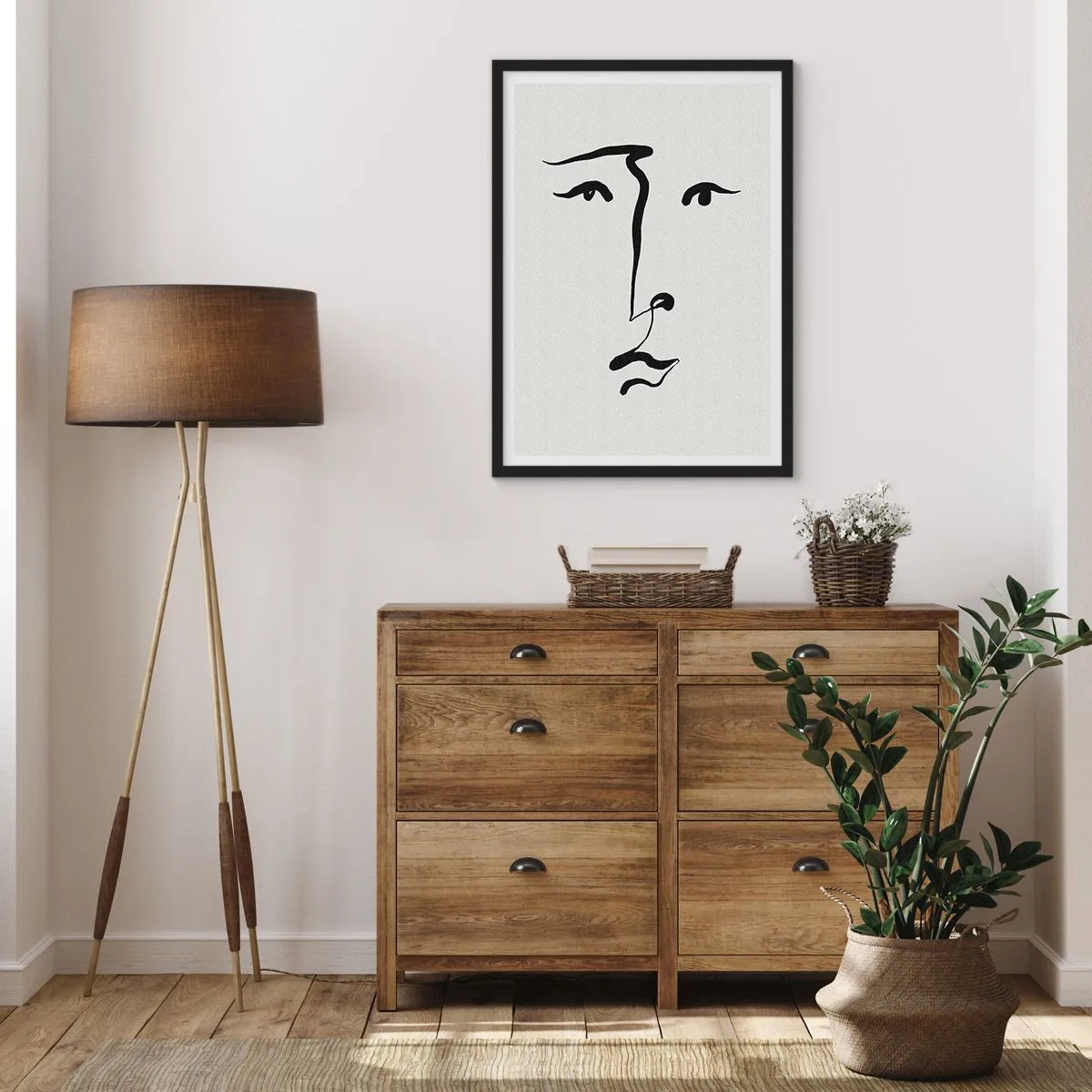 Plakat w czarnej ramie - Minimalistyczna ilustracja twarzy jednym pociągnięciem pędzla - 50x70cm - Portret jedną kreską - Nowoczesna dekoracja ścienna do salonu i sypialni ARTTOR