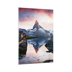 Obraz na szkle - Górski szczyt odbijający się w jeziorze o zachodzie słońca - 80x120cm - Serce gór jest gorące - Nowoczesna dekoracja ścienna do salonu i sypialni ARTTOR