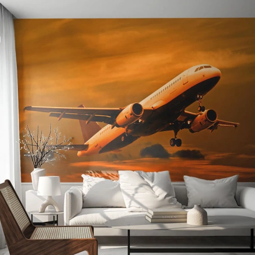 Fototapeta Samoprzylepna Deluxe Sticker - Lot w stronę słońca - Samolot, Podróż, Zachód Słońca - 250x175 cm