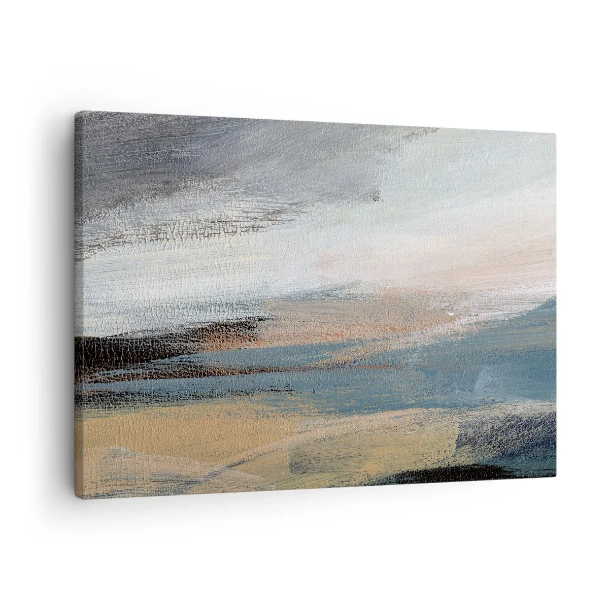Obraz na płótnie - Pejzaż abstrakcyjny w stonowanych odcieniach błękitu i beżu - 70x50cm - Abstrakcja: pejzaż północny - Nowoczesna dekoracja ścienna do salonu i sypialni ARTTOR