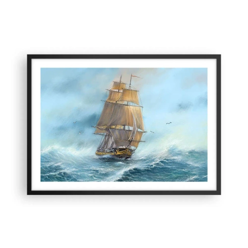Plakat w czarnej ramie - Statek żaglowy na wzburzonym morzu - 70x50cm - Mknący po falach - Nowoczesna dekoracja ścienna do salonu i sypialni ARTTOR