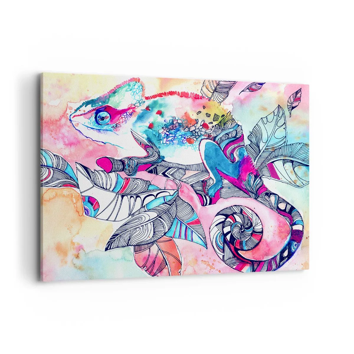 Obraz na płótnie - Kolorowy kameleon na tle abstrakcyjnych liści - 100x70cm - Kolorowy jak nasz świat - Nowoczesna dekoracja ścienna do salonu, kuchni i sypialni ARTTOR
