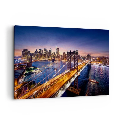 Obraz na płótnie - Most i panorama miasta o zachodzie słońca - 120x80cm - Świetlistym mostem do serca miasta - Nowoczesna dekoracja ścienna do salonu, kuchni i sypialni ARTTOR