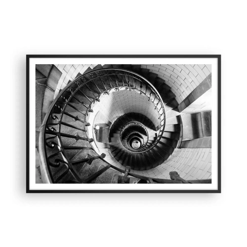 Plakat w czarnej ramie - Czarno-biała fotografia spiralnych schodów z perspektywą z góry - 100x70cm - Wyżej i wyżej - Nowoczesna dekoracja ścienna do salonu i sypialni ARTTOR