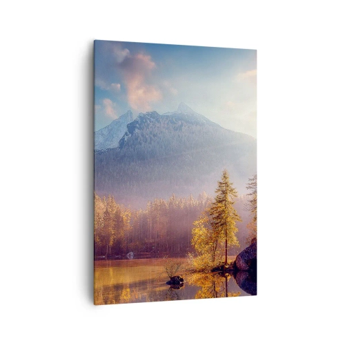 Obraz na płótnie - Malowniczy widok na górski las i jezioro o świcie - 70x100cm - W górach i dolinach - Nowoczesna dekoracja ścienna do salonu i sypialni ARTTOR