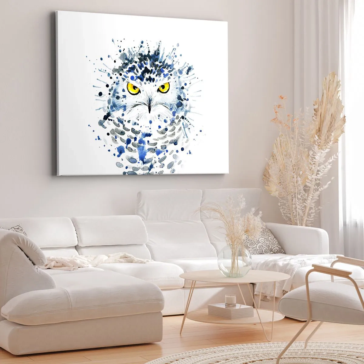 Obraz na płótnie - Abstrakcyjny portret sowy w niebiesko-żółtej kolorystyce - 70x50cm - Prosto w oczy - Nowoczesna dekoracja ścienna do salonu i sypialni ARTTOR