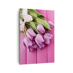 Obraz na płótnie - Bukiet różowych tulipanów z kokardą na różowym tle - 70x100cm - Właśnie dla ciebie - Nowoczesna dekoracja ścienna do salonu i sypialni ARTTOR