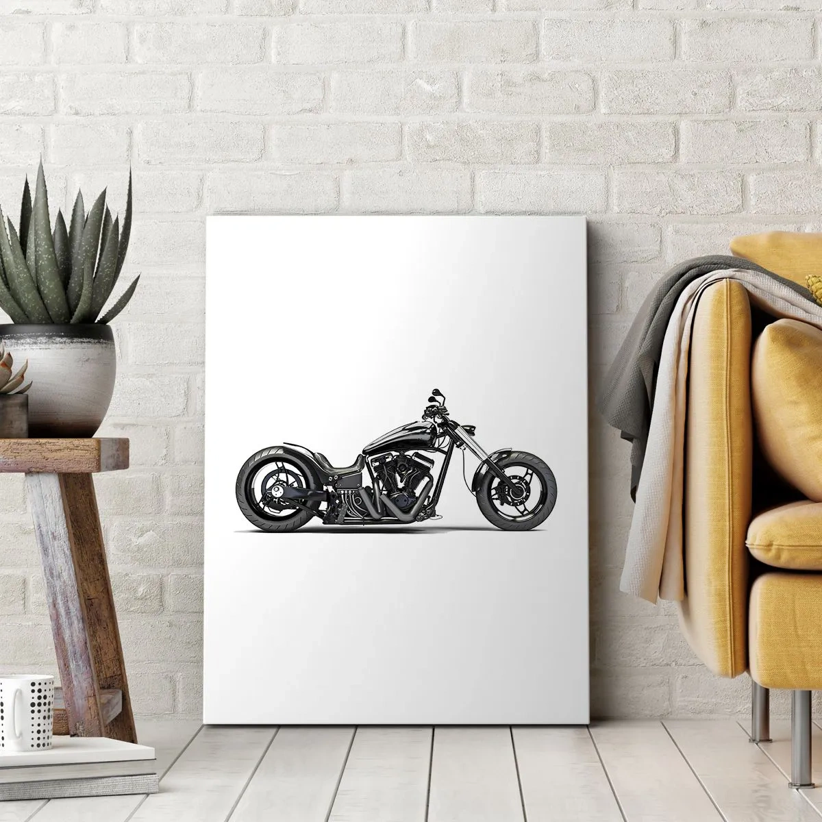 Obraz na płótnie - Stylowy czarny motocykl custom na białym tle - 80x120cm - Dla kochających wolność - Nowoczesna dekoracja ścienna do salonu i sypialni ARTTOR