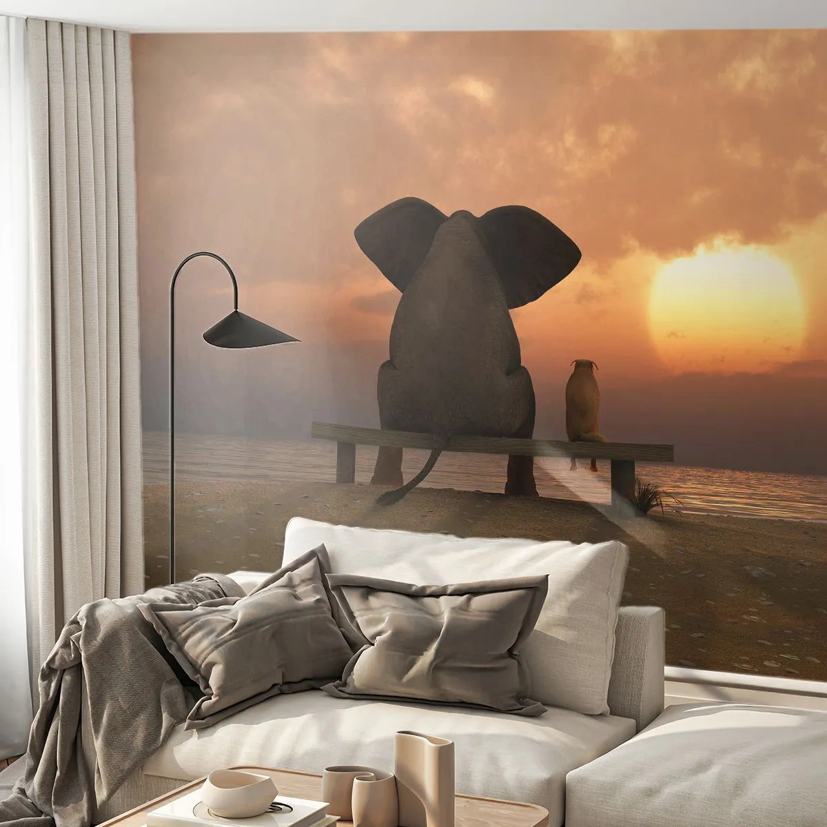 Fototapeta Premium Sand - Słoń i pies na ławce podziwiający zachód słońca nad morzem - 100x70cm - Dobrze jest razem pomilczeć - Nowoczesna dekoracja ścienna do salonu, kuchni i sypialni ARTTOR